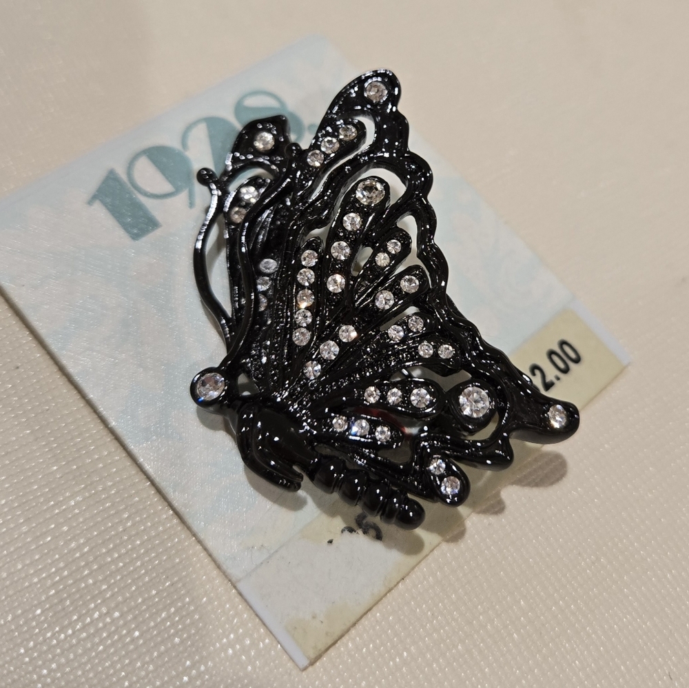 Vintage 1928 Brand Black Butterfly Brooch with Rhinestones